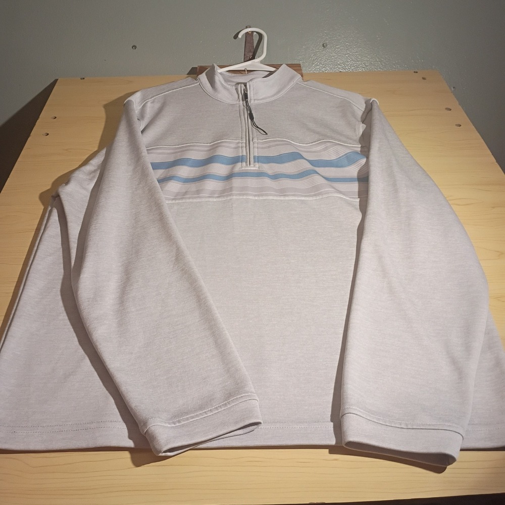 Pebble Beach Pullover Mens Large Gray Blue Striped Dry-Luxe Performance 1/4 Zip